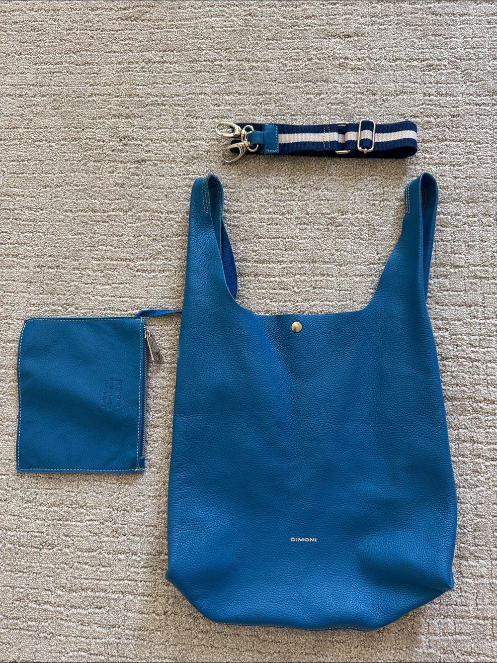 DIMONI Blue Pebbled Leather Tote Bag w/ Pouch & Adjustable Strap
